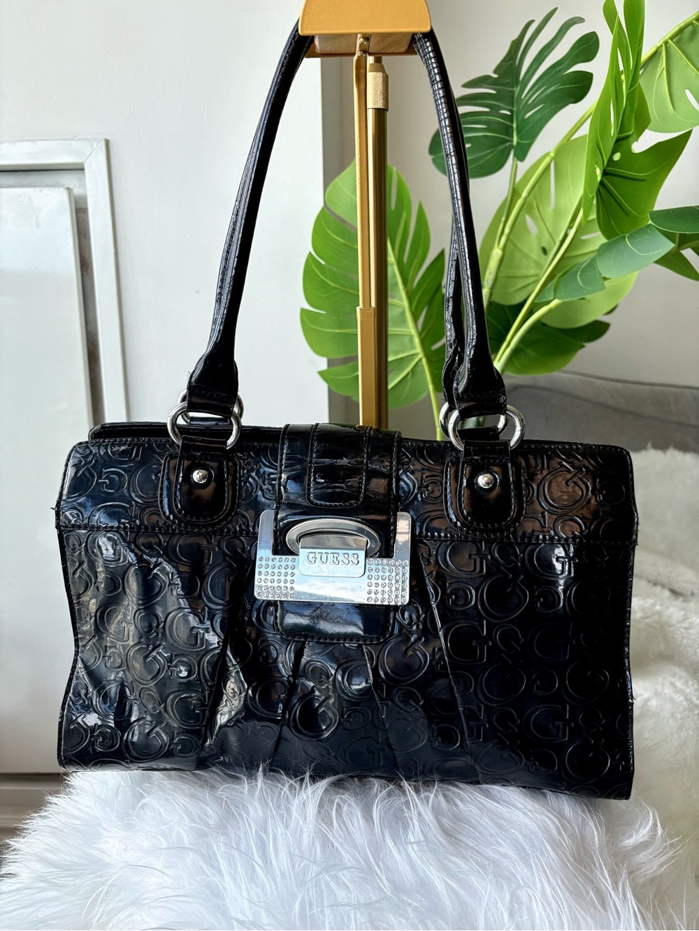 Vintage Y2K GUESS Black Patent Embossed G Rhinestone Satchel Shoulder Bag